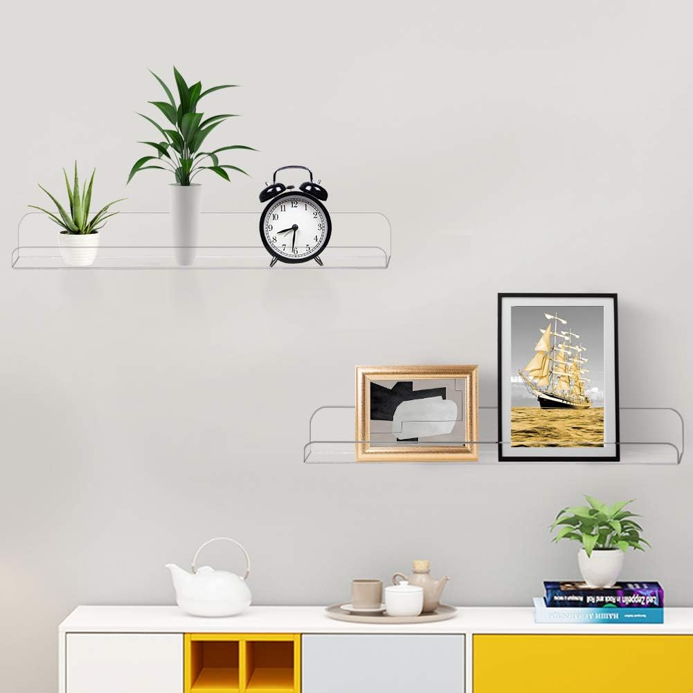 Weiai Clear Acrylic Shelf 15" Invisible Floating Wall Ledge Bookshelf, Kids Book Display Shelves Wall Mounted (15 Inch 4Pack)