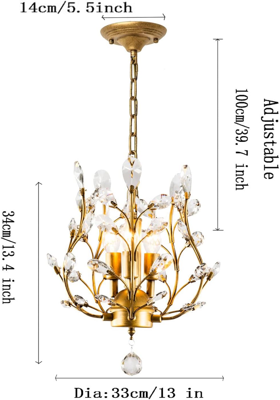 Ganeed Crystal Chandeliers,K9 Crystal Pendant Light with 3-Light Chandelier Lighting Fixtures,Ceiling Light for Living Room Bedroom Restaurant Hallway (Gold)