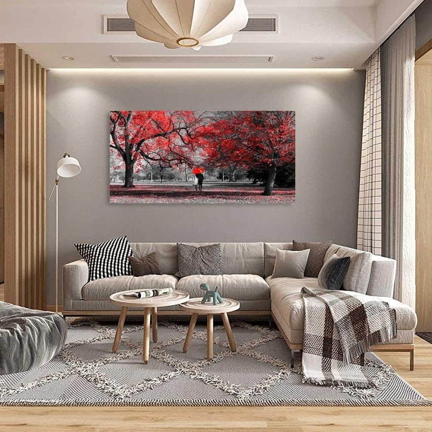 Bamdeya Black White and Red Canvas Wall Art Tree Painting Forest Prints Art Scenery Picture Romantic Couples Artwork for Wall Framed Large Wall Art Living Room Décor Wall Art Bedroom-30x60inches