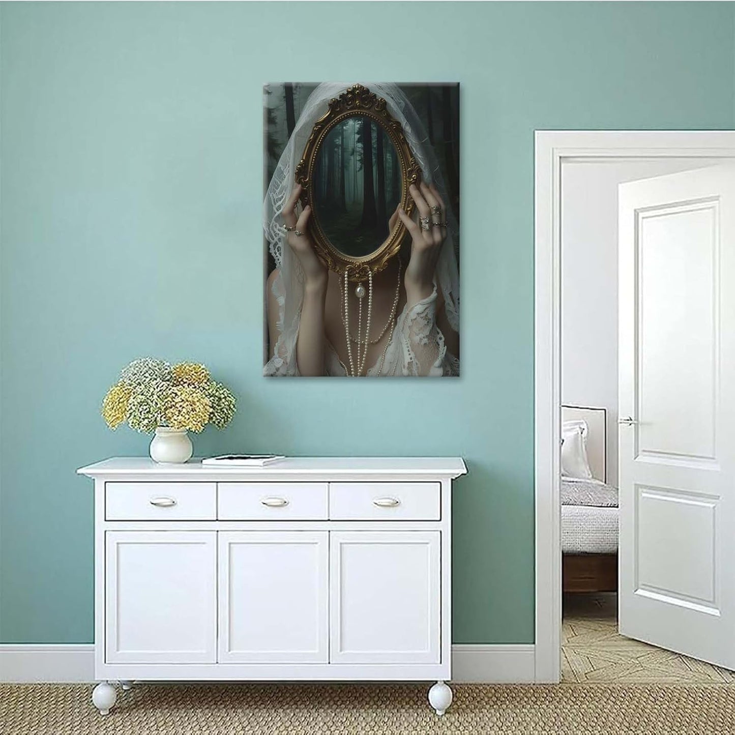 Mirror face covering dark art poster print melancholy gothic painting vintage feminine print victorian style decoration antique art16x24in Wood Framed