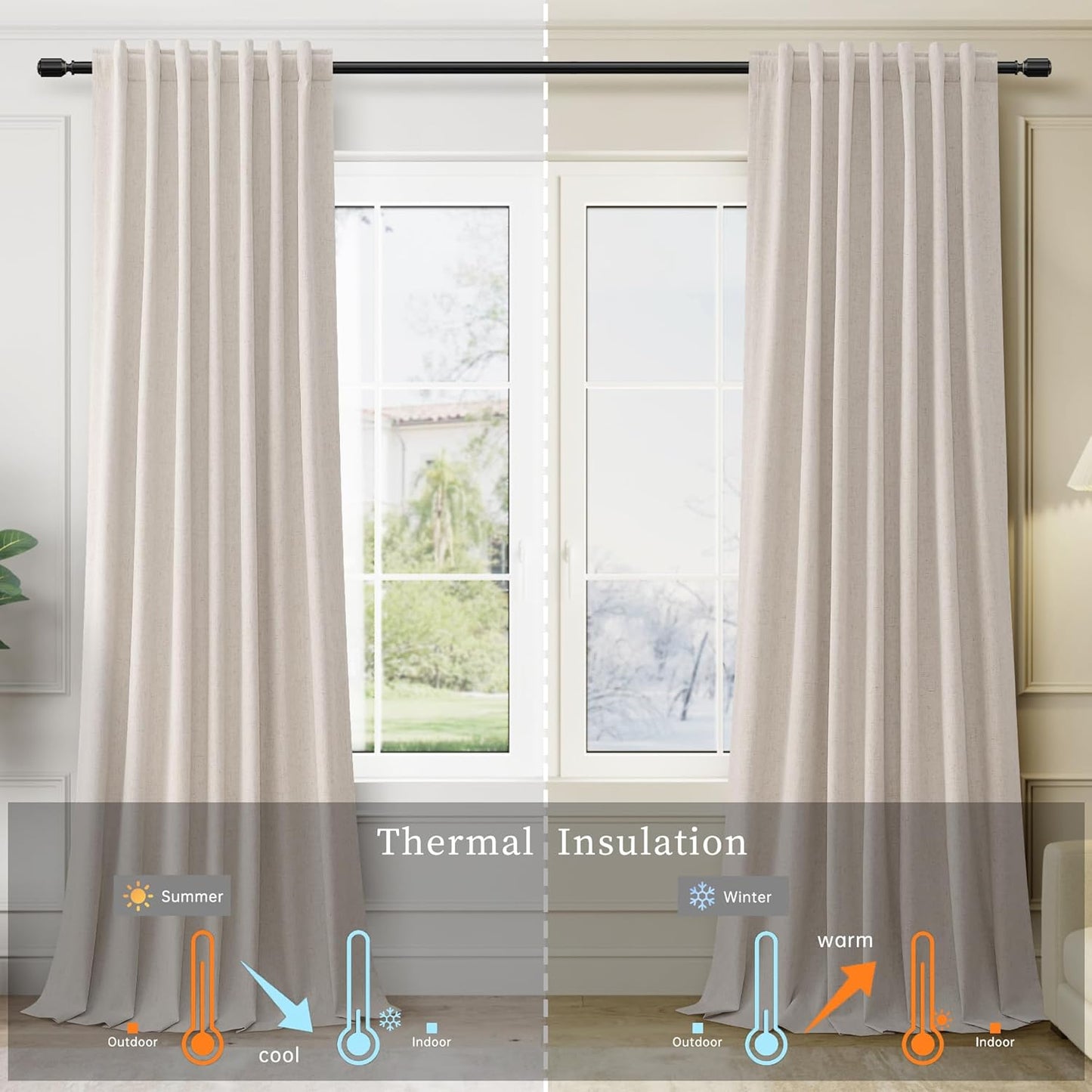 BOODII Sand Beige Linen 100% Blackout Curtains for Bedroom 102 Inch Long 2 Panels Window Curtain Floor to Ceiling Length for Living Room Sliding Glass Door Back Tab Linen Room Darkening Drapes 52x102