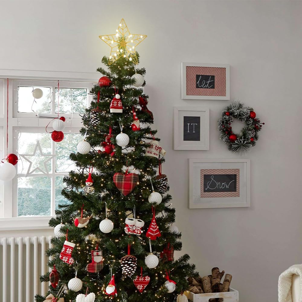 YEAHOME Christmas Tree Topper, Gold Glittered Hollow 5-Point Star Tree Topper for Christmas Tree Decorations, Lighted Wire Star with 20 LED Lights for Christmas Treetop, Xmas Tree Topper with Timer
