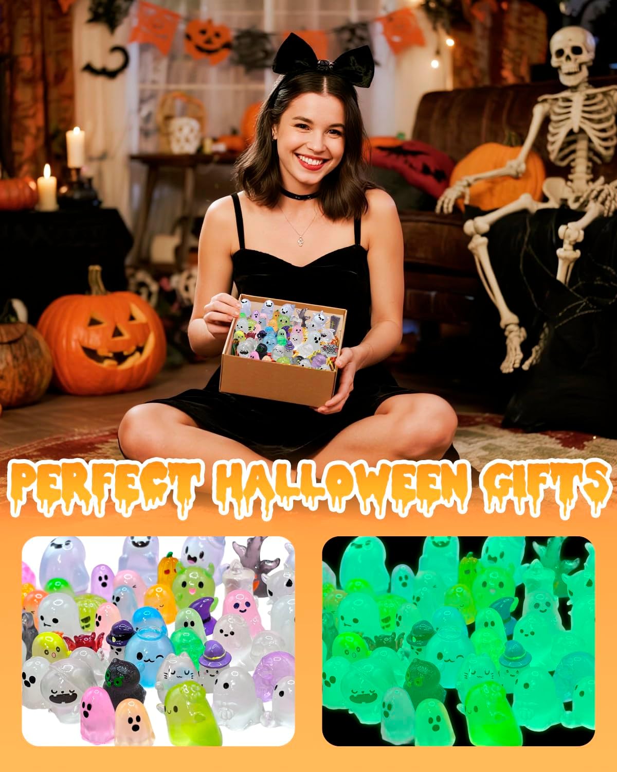 72 Pcs Halloween Mini Resin Animals Figures Kit - Luminous Tiny Resin Figurines Accessories, Glow in The Dark Miniature Ghost Figurines for Halloween Party, Micro Landscape, Tabletop Decor
