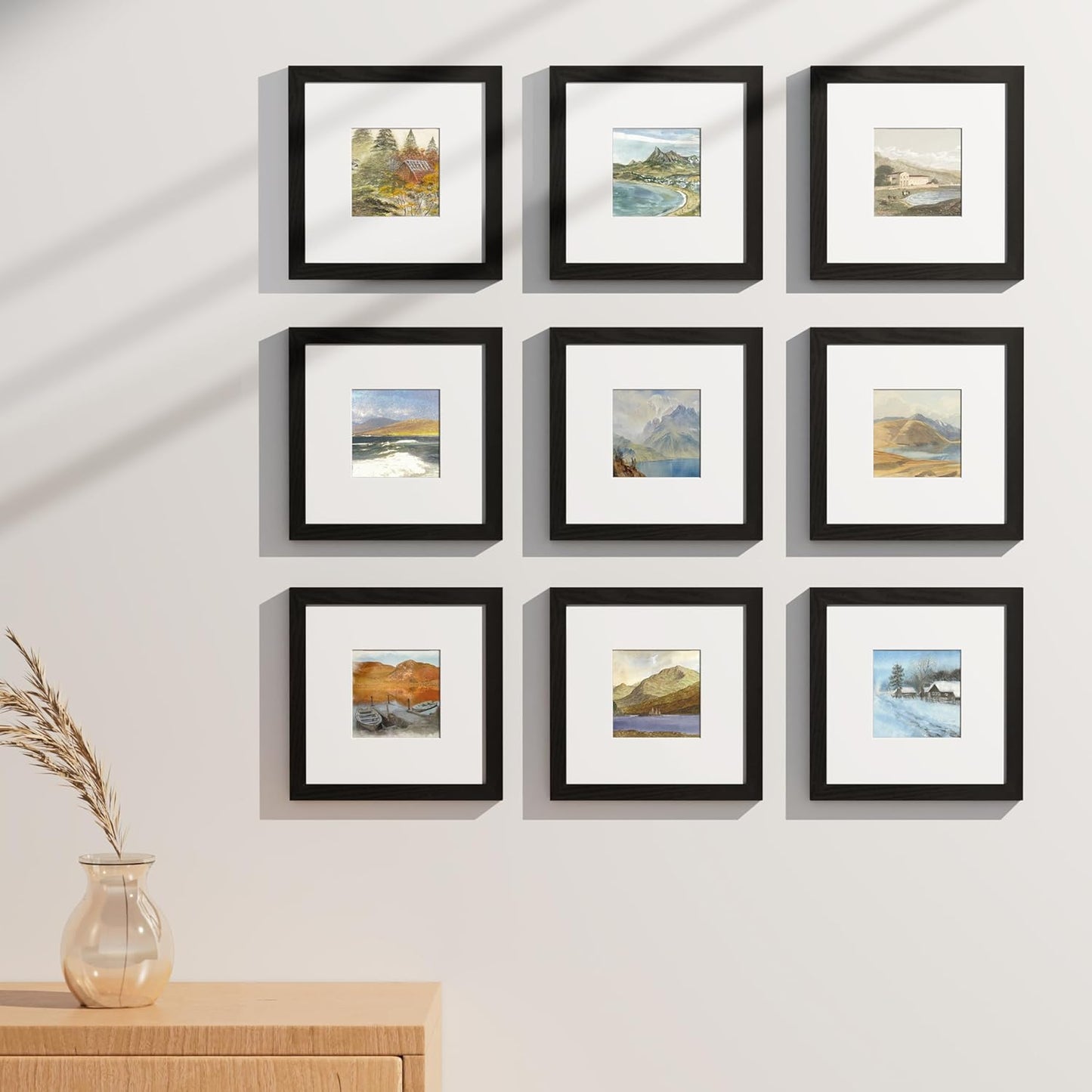 Vittanly 8x8 Picture Frames Set of 9, Shatter Resistant Plexiglass, Display 4x4 Pictures with Mat or 8x8 without Mat, Photo Frames for Wall Mount, Engineered Wood, Black