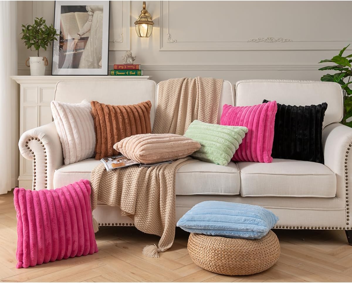 DEELAND Pack of 2,Double-Sided Faux Fur Plush Decorative Throw Pillow Covers Fuzzy Striped Soft Pillowcase Cushion Covers for Sofa Couch Bedroom Black 18x18 inch