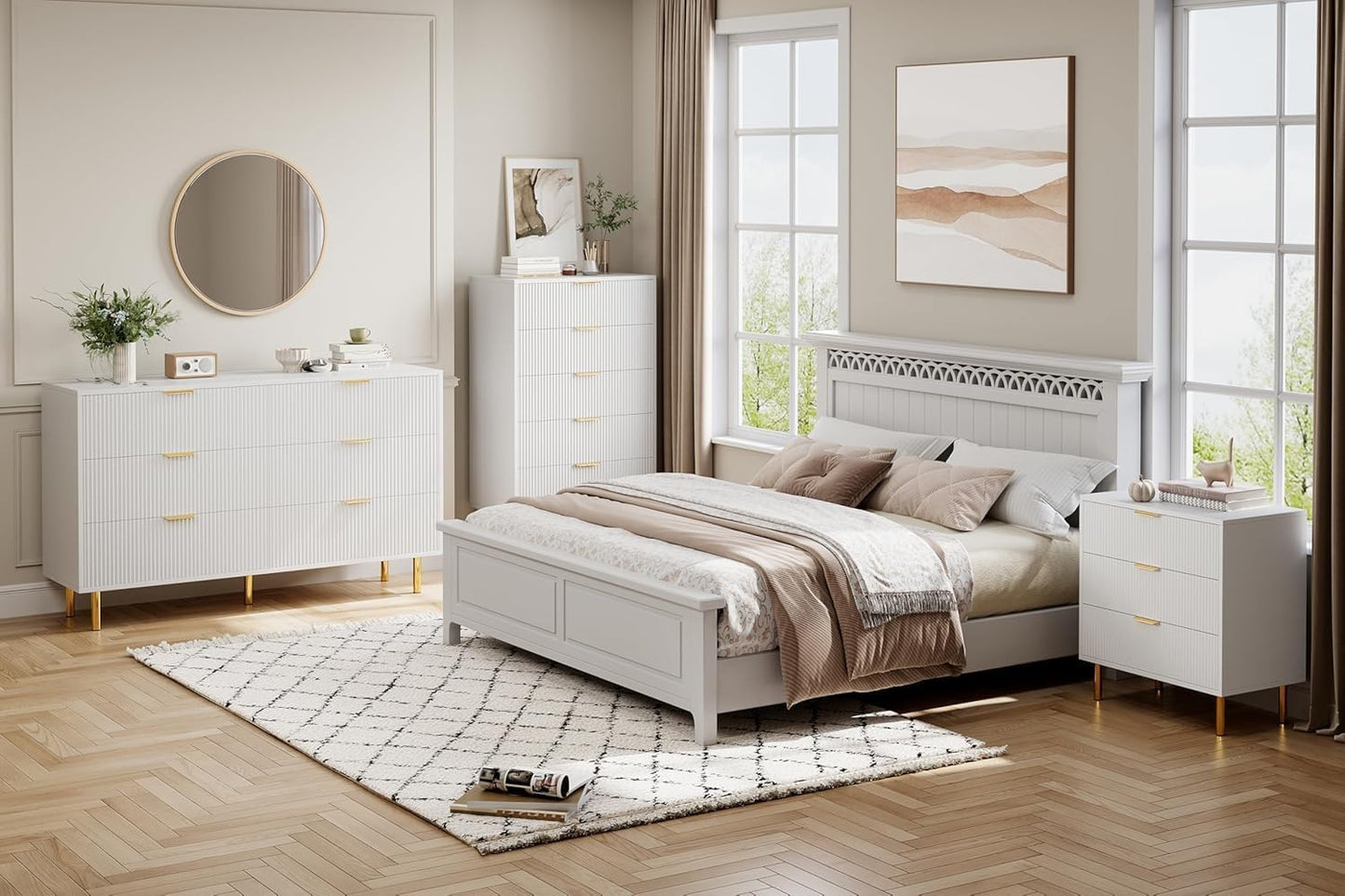 GAOMON 5 Drawer Dresser, Wood Chest of Drawers Organizer Storage with Gold Handle, Tall Storage Cabinet, Modern Design Dresser for Bedroom, Living Room, Closet, Hallway, Entryway, White