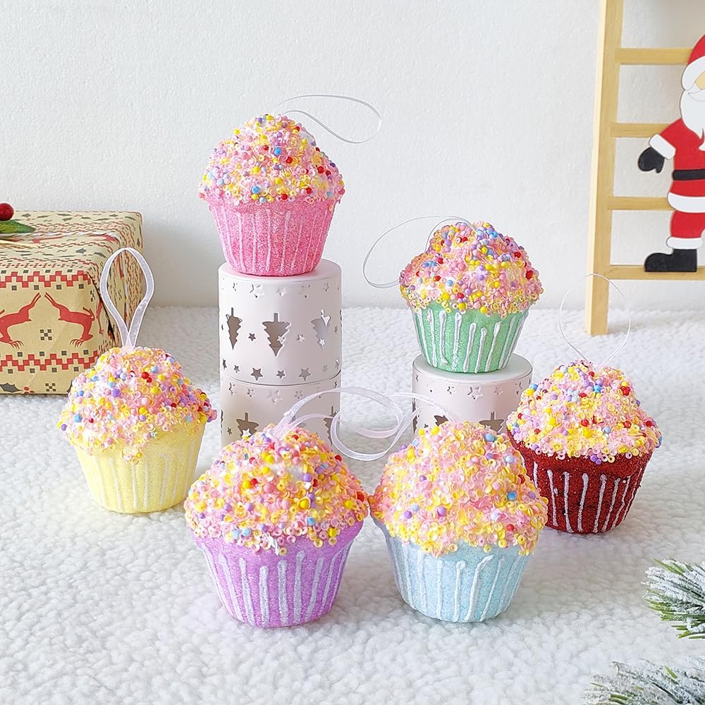 Cupcake Party Decorations Ornaments,6pcs Hanging Christmas Tree Candy Ornaments, Macaron Color Mini Dessert Cupcake Pendant Set for Xmas New Year Birthday Home Party Supplies (Cake)