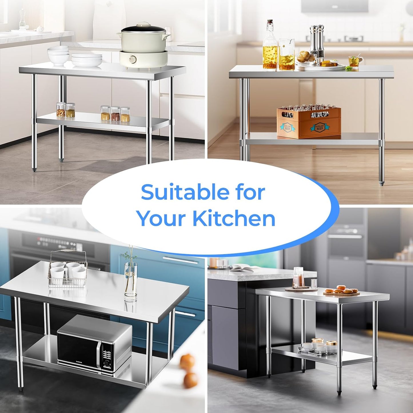 NUUK Stainless Steel Worktable 24 x 48 Inch Heavy Duty Commercial Workstation Adjustable Height Kitchen Food Prep Work Table for Restaurant, Home and Hotel