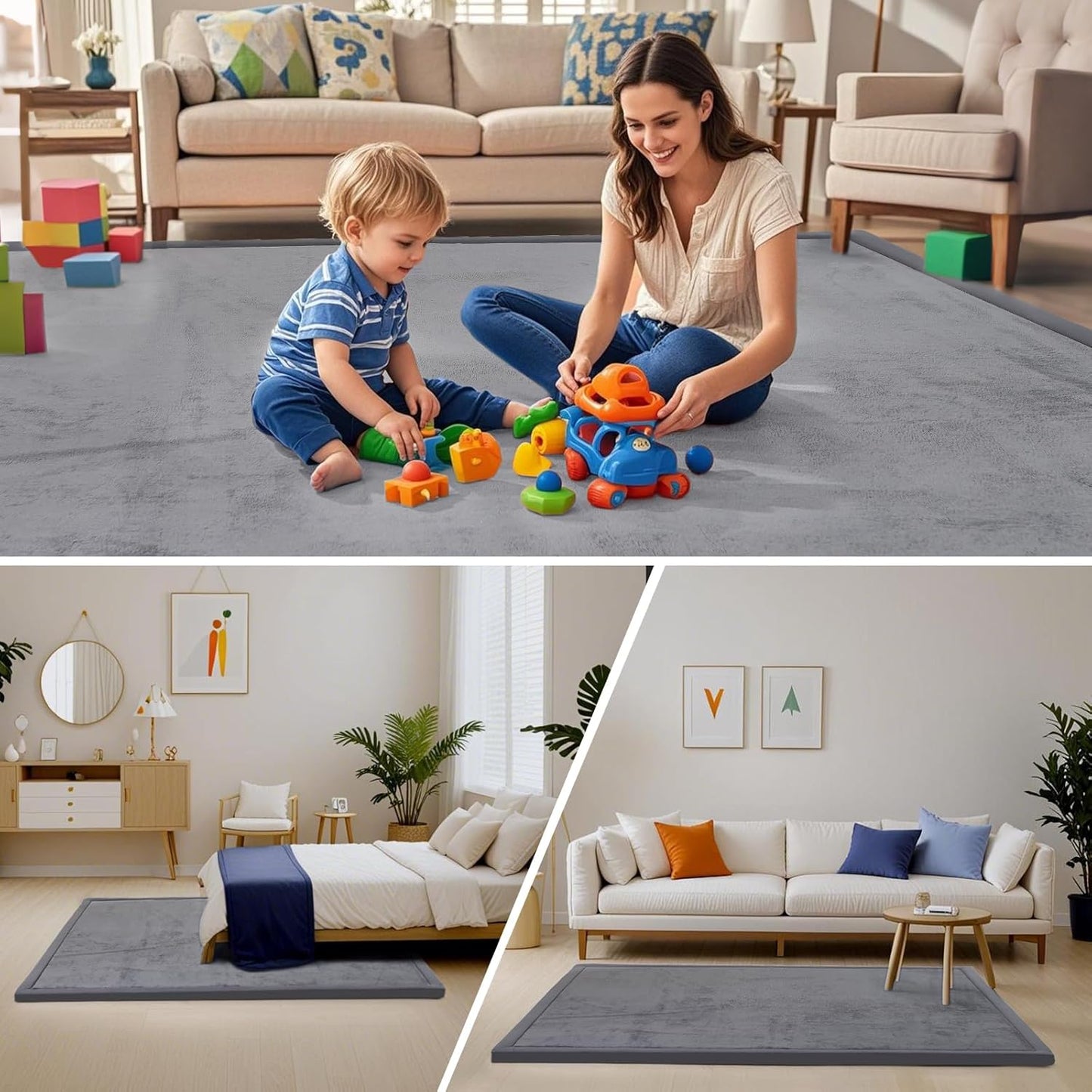 ACOMOPACK Baby Play Mat for Floor,1.3" Thick Memory Foam Area Rug for Living Room,Soft Velvet Crawling with Non-Slip Bottom for Kid,Toddler,59"×71" Tummy Time Nursery Rugs,Yoga(Dark Grey)