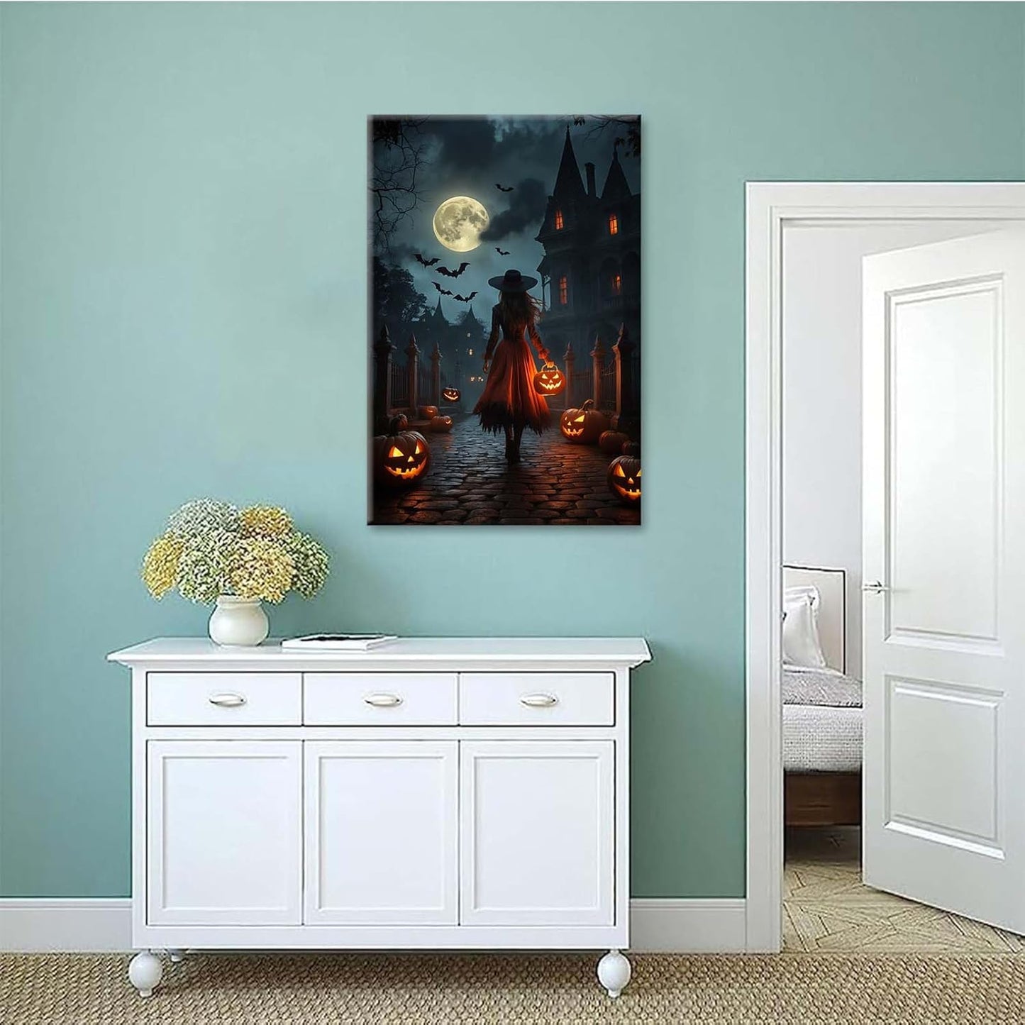 JFHCQJPK Halloween theme poster moonlit autumn night witch vintage poster art print dark college style gothic painting canvas wall decoration bedroom living room ideal gift12x16in Frameless