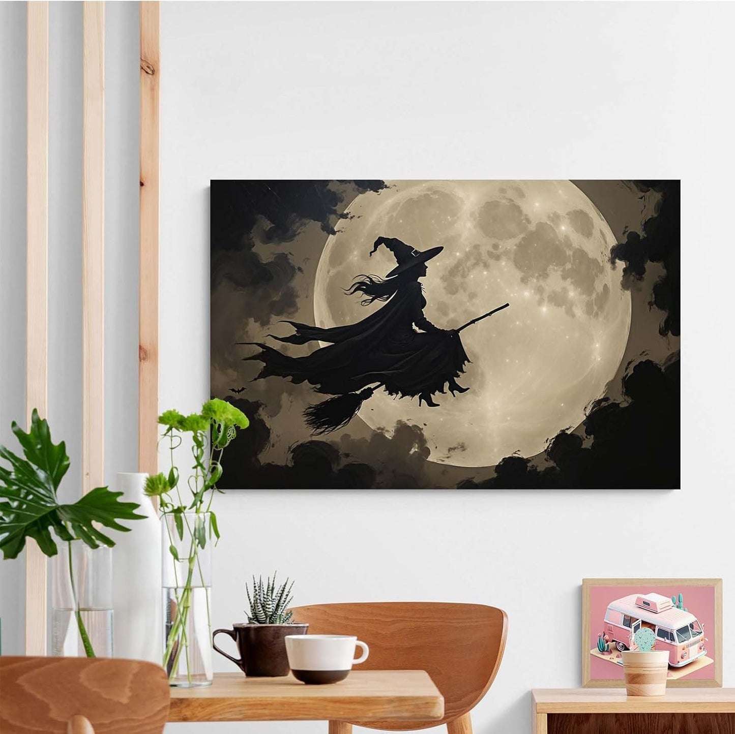 JFHCQJPK Full moon witch silhouette poster witch on magic broom Halloween mural poster decorative mural art suitable for home living room bedroom8x12in Frameless
