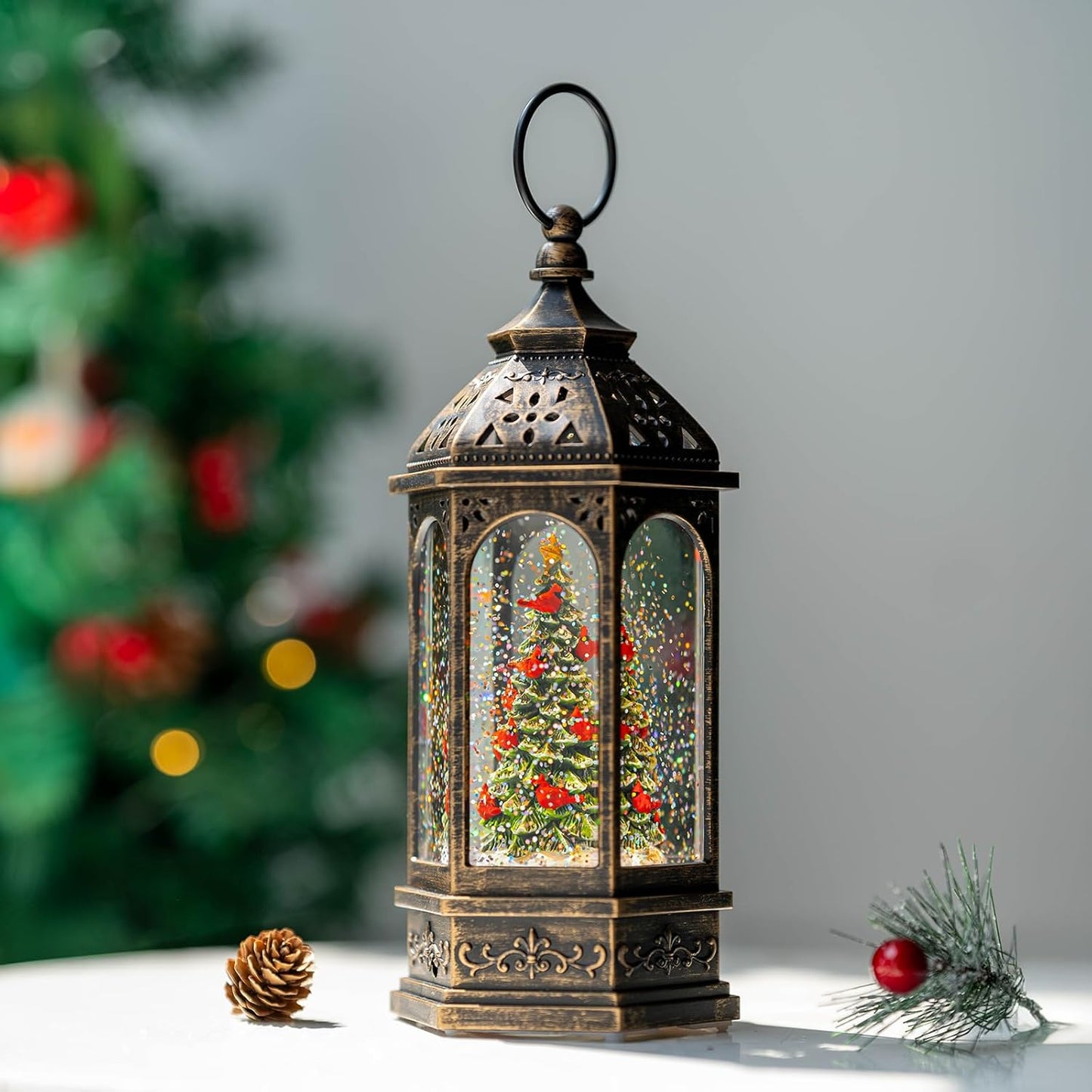 Lighted Christmas Tree Cardinal Music Snow Globe Water Lantern with Swirling Glitter Decoration for Christmas Home, Living Room, Battery Operated or USB Powered