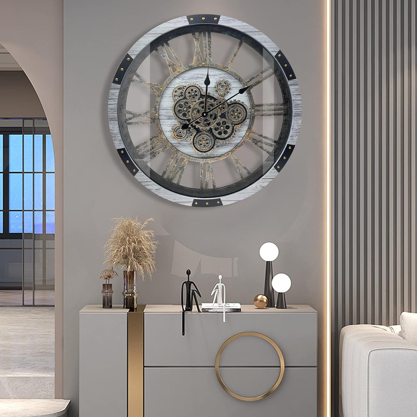 DORBOKER 27" Original Moving Gears Wall Clock, Large Industrial Wall Clock for Living Room Decor, Retro Metal Solid Wood Vintage Farmhouse Steampunk Rustic Clocks for Wall Decor,Silver Grey