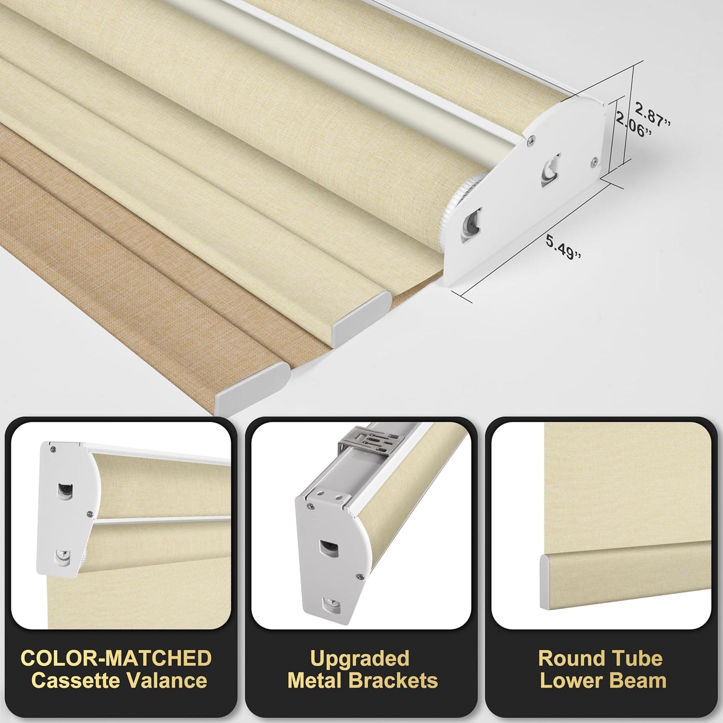 BERISSA Cordless Dual Roller Shades with Cassette Valance, Double Window Shades - Blackout and Light Filtering, Day and Night for Home Office Door. Linen Beige. 50 W x 72" H