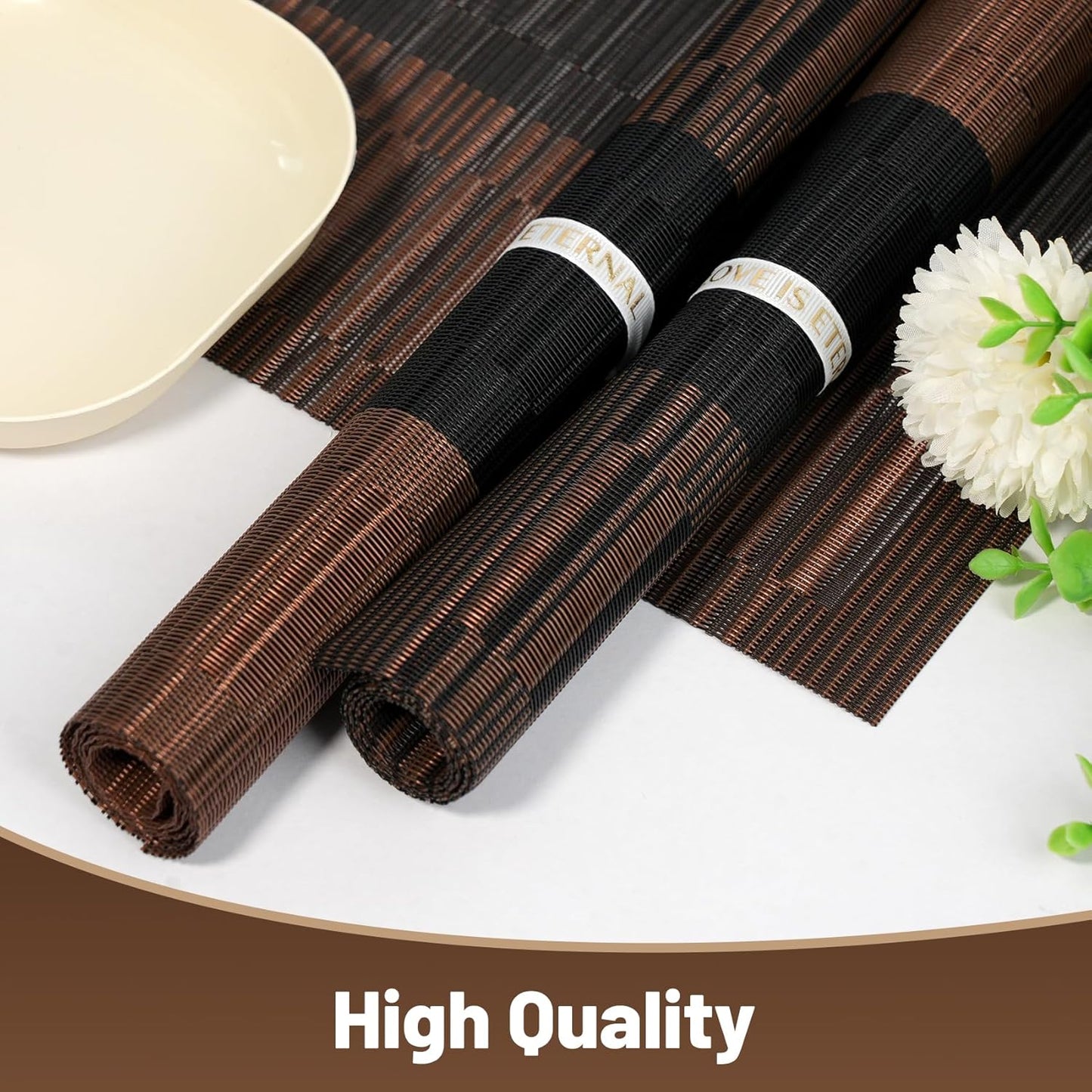 Placemats Set of 6,Non-Slip PVC Weave Table Mats Easy to Clean,Heat Resistant Place Mats for Kitchen Dining Table Decoration Indoor Outdoor,Black Brown
