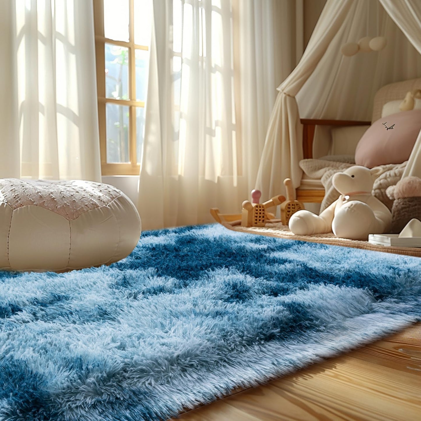 Rezutan Soft Rug for Living Room Bedroom Large Comfy Modern Shaggy Fuzzy for Kids, Plush Indoor Nursery Classroom Home Decor Bedside with Non-Slip Bottom, Peacock Blue, 5X7 Feet