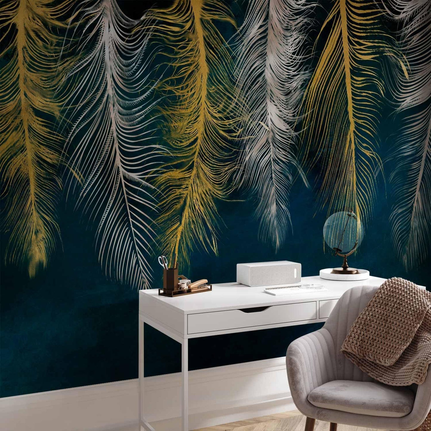 artgeist Premium Wall Mural Feather 98x69 in - Non-Woven Wallpaper Fleece Wall Decor Photo Print Picture Image Design Landscape Abstract Beige Navy Blue b-A-0812-a-a