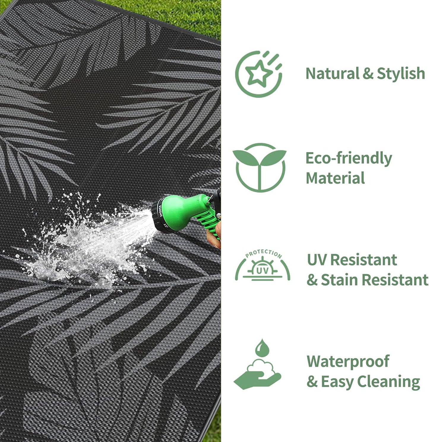 GENIMO Outdoor Rug 5' x 8' Waterproof for Patios Clearance, Reversible Outdoor Plastic Straw Camping Rug Carpet, Large Area Rugs Mats for RV, Picnic, Backyard, Deck, Balcony, Porch, Beach, Black&Grey