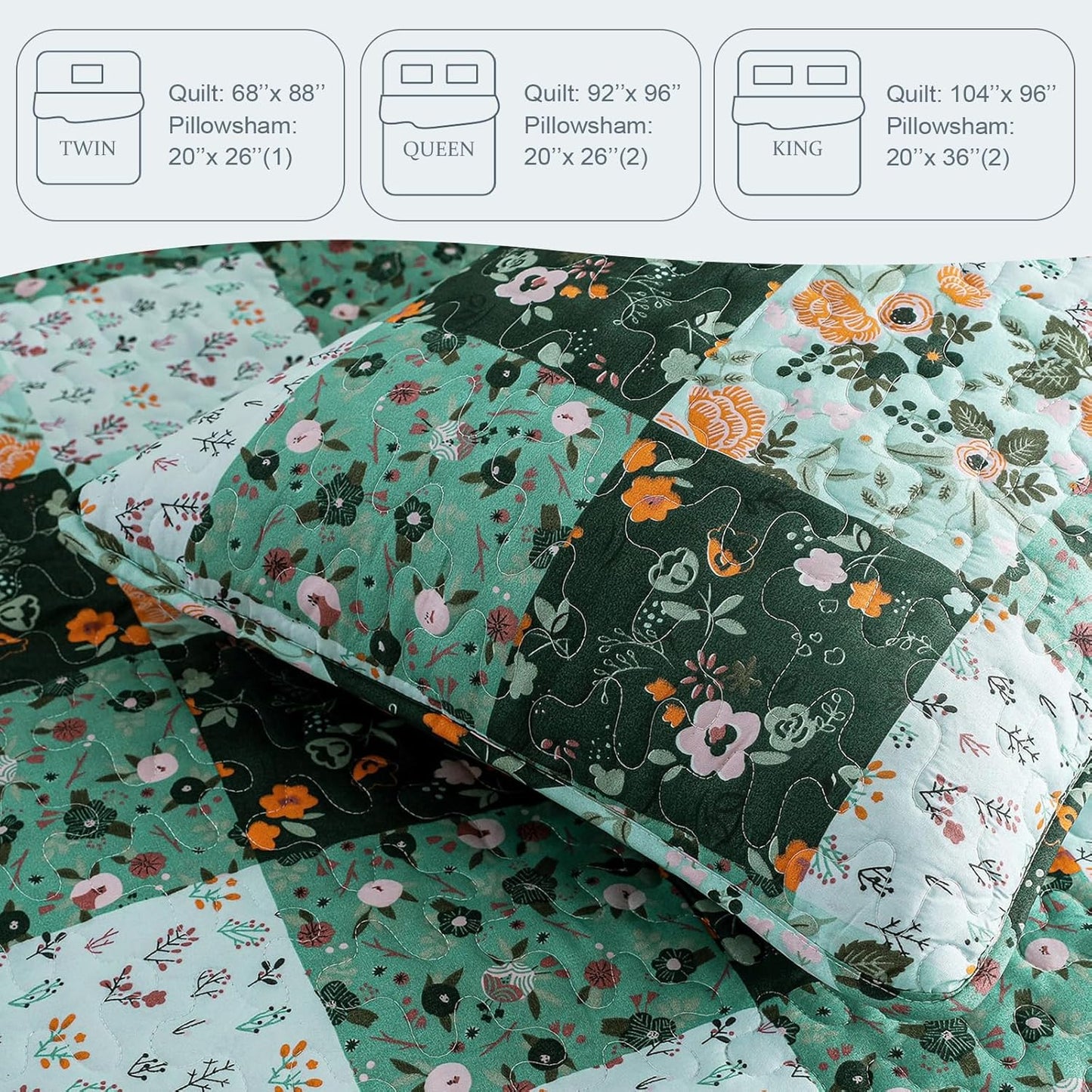 Exclusivo Mezcla Reversible Boho Quilt Set King Size, 3 Pieces Patchwork Green All Season Bedspreads, Ultra Soft Floral Coverlet Bedding Set with Printed Pattern (1 Quilt, 2 Pillow Shams)