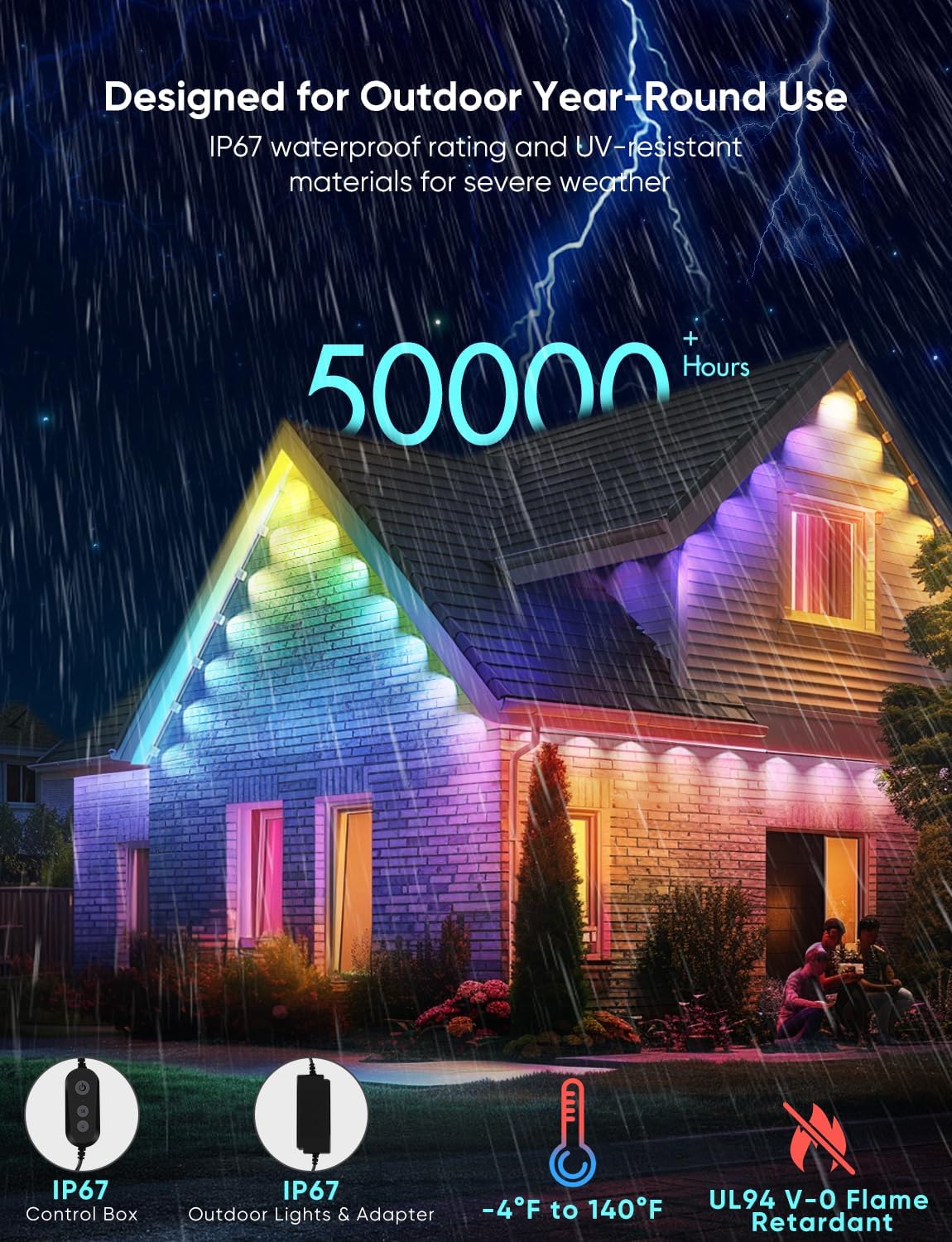 Permanent Outdoor Lights Pro 200ft, RGBCW Smart Eaves Lights with 144 LED Lights, Dual Lens, Cuttable, 111 Scene Modes, IP67 Waterproof Lighting for Holiday Decoration, Work with Alexa, Black