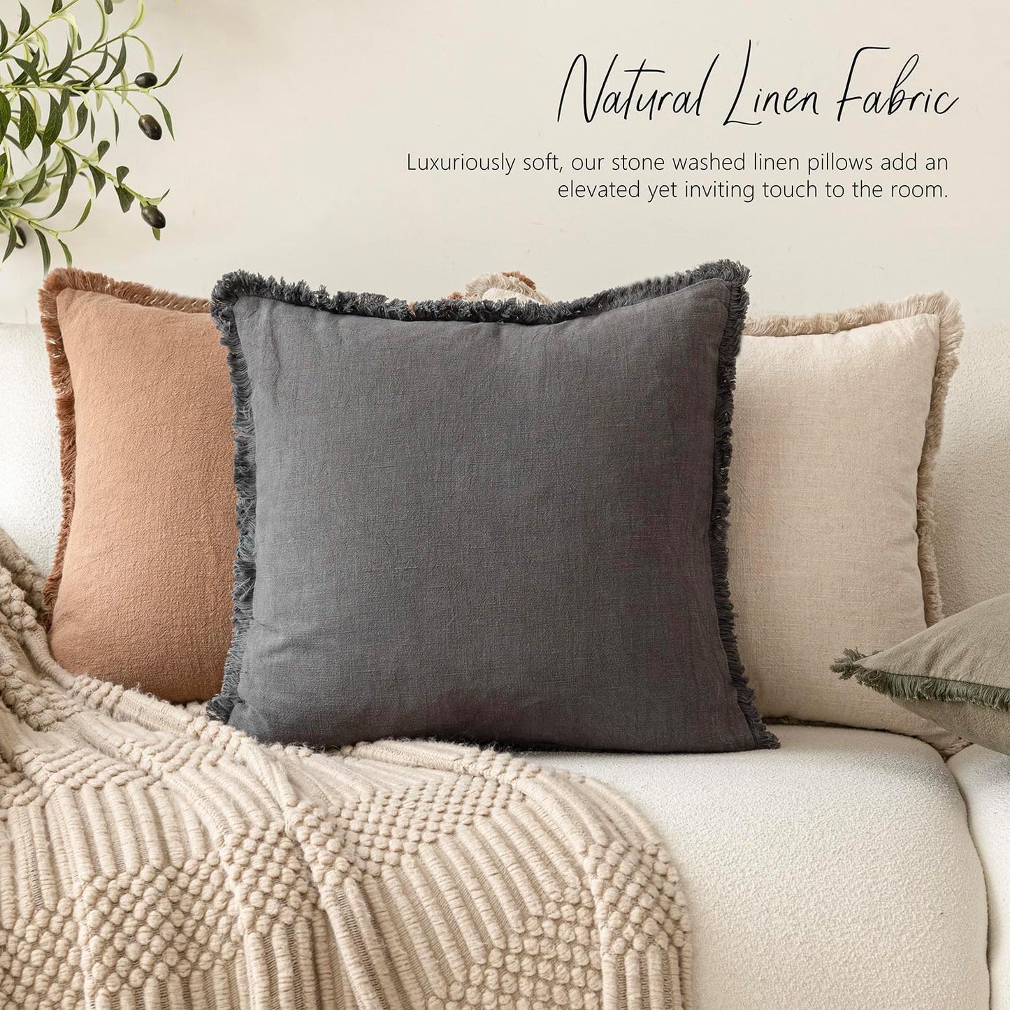Foindtower Set of 2 Decorative Linen Fringe Throw Pillow Covers Cozy Boho Farmhouse Cushion Cover with Tassels Soft Accent Pillowcase for Couch Sofa Bed Living Room Home Decor, 22×22 Inch, Gray