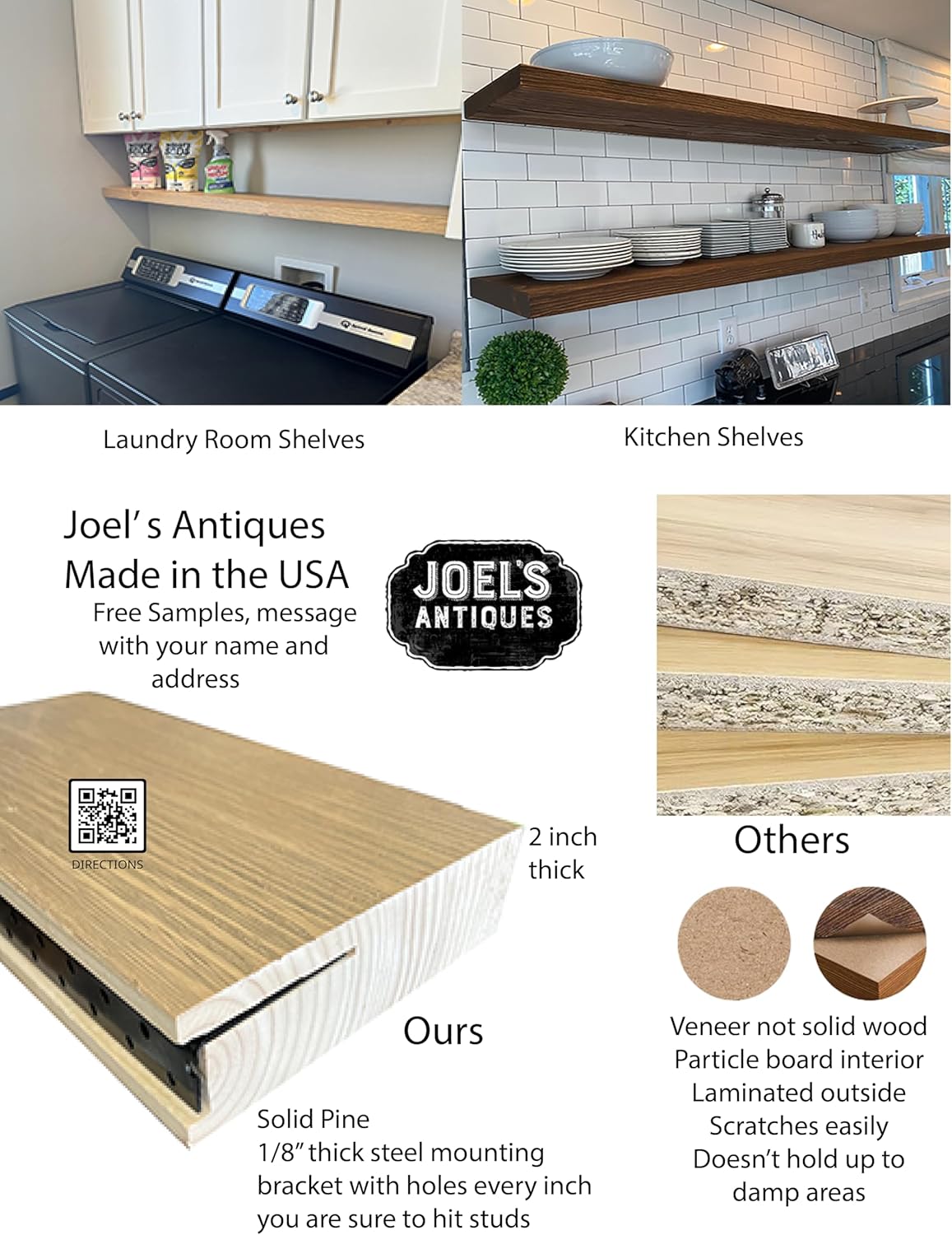 joelsantiques 72 Inch Wooden Floating Shelves for Wall - 72x6x2 in - Made of Natural Wood - Long Heavy Duty Rustic Wall Shelves for Bedroom - Perfect for Living Room, Kitchen - Medium Brown