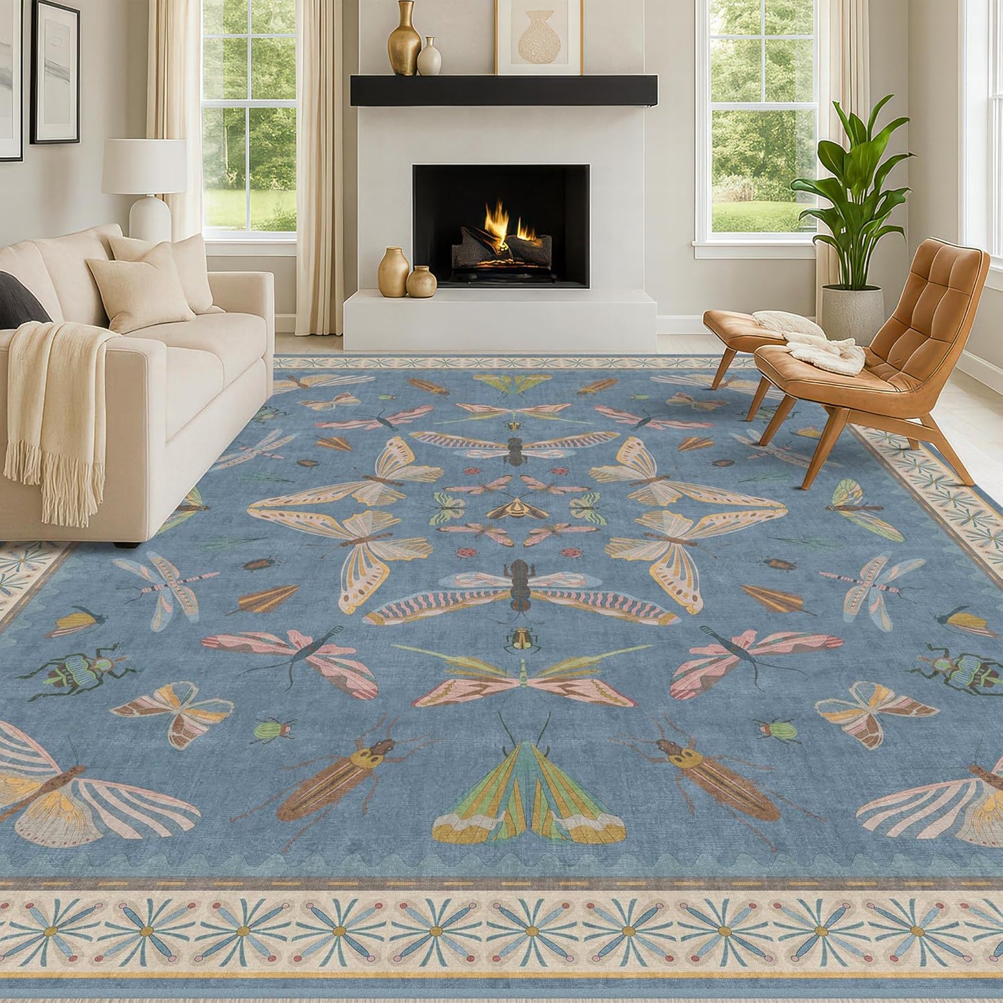 Light Blue Rugs for Dining Room Under Table - 8x10 Washable Area Rugs for Living Room, Bedroom, Kids Room, Playroom, Lage Modern Boho Animal Print Carpet, Ultra Soft Non Slip Stain Resistant