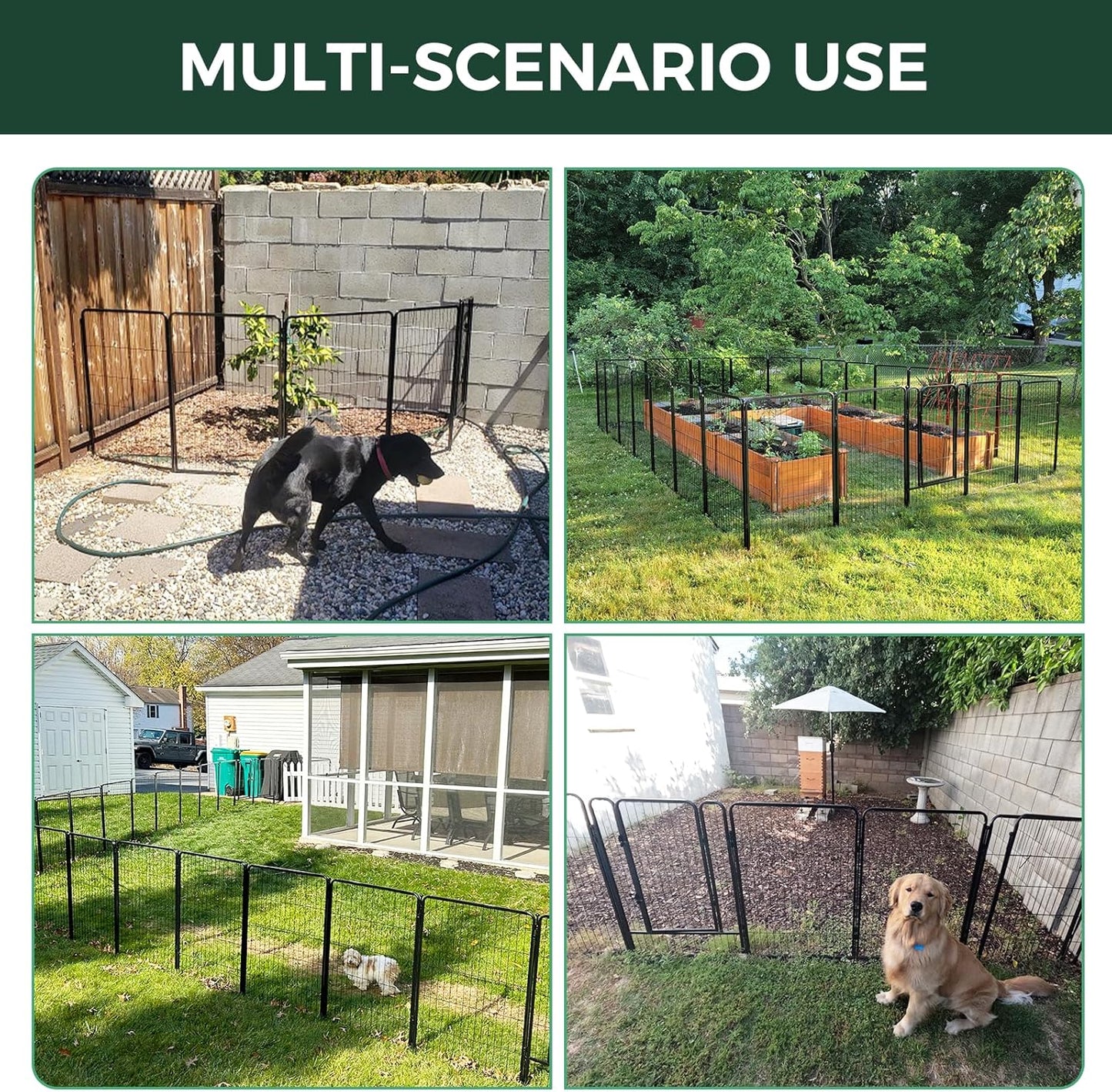 FXW Garden Fence Outdoor for The Yard – 24in(H) x 14.8ft(L) Heavy Duty Metal Animal Barrier for Dog and Rabbit, Decorative Dog Fence, 8 Panels, Black