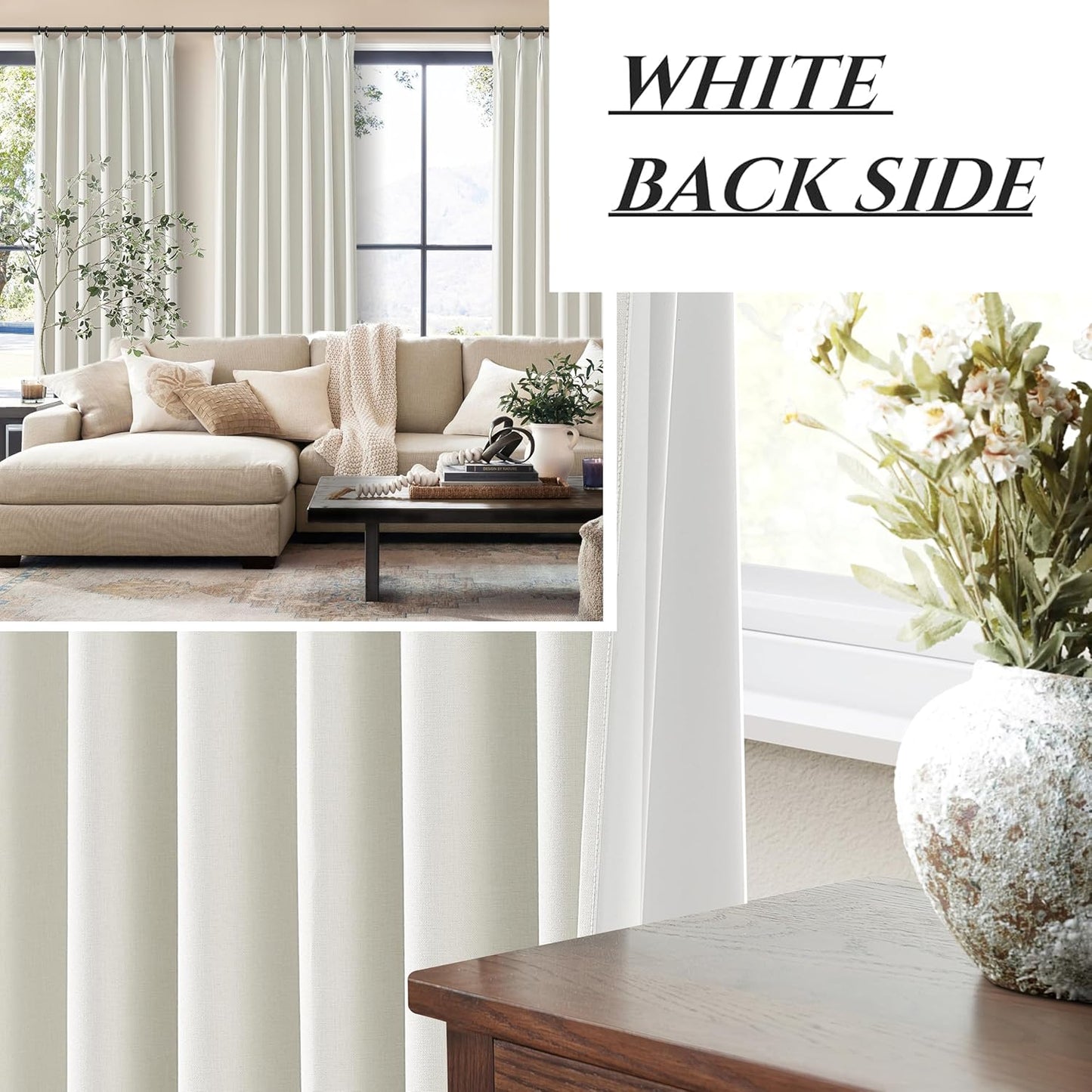 Tall Curtains for Living Room 108 Inches Long, Linen Pinch Pleated 100% Blackout Viral Window Curtains with Hooks for Bedroom Thermal Pleated Drapes for Nursery Beige White(40" Wx108 Lx2 Panels)