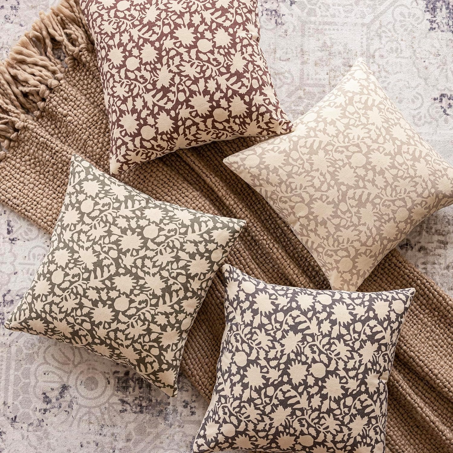 Foindtower Set of 2 Decorative Neutral Floral Throw Pillow Covers Accent Farmhouse Cushion Covers Boho Vintage Pillowcase for Couch Sofa Bedroom Living Room Home Decor Outdoor,22×22 Inch,Rustic Gray