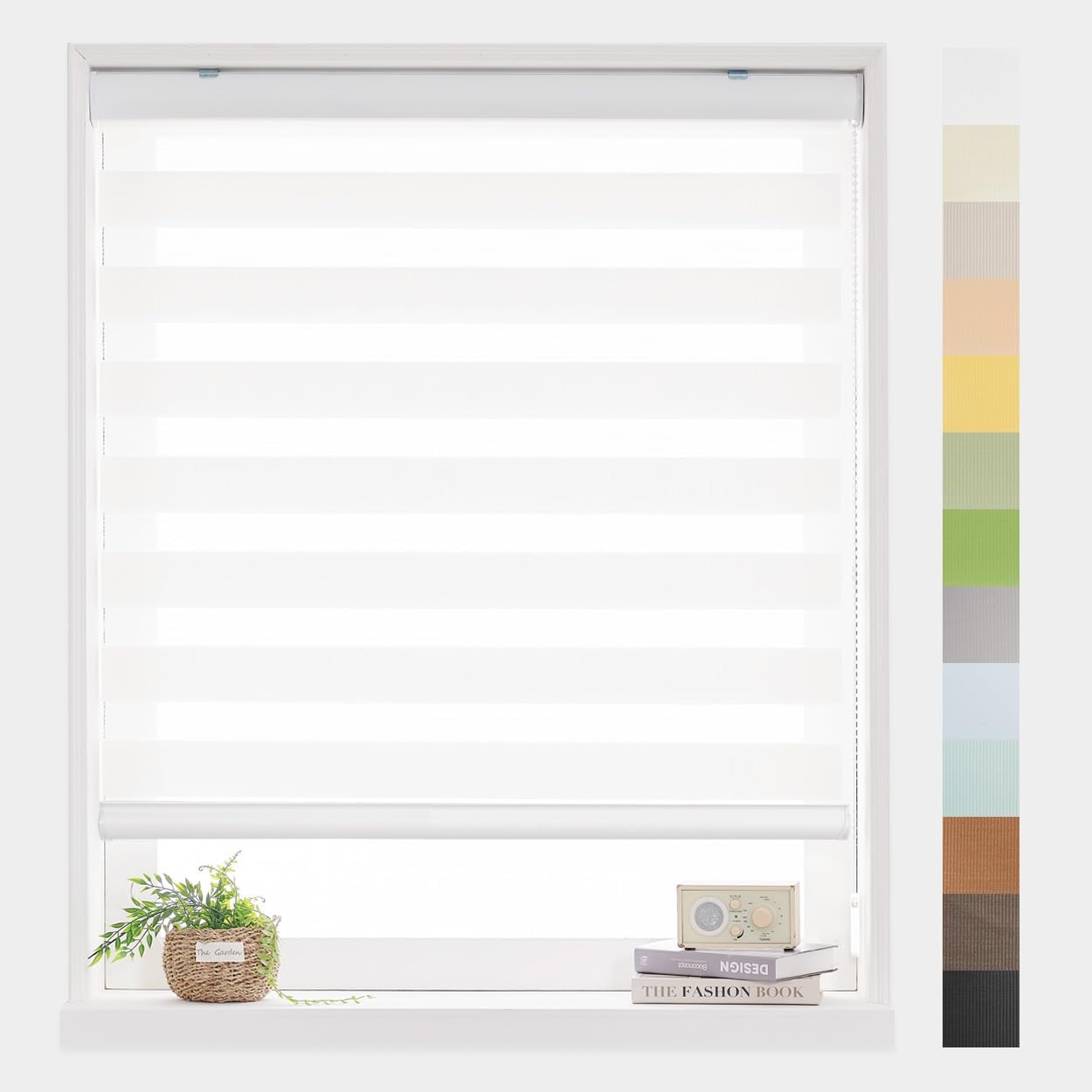 Foiresoft Standard Zebra Roller Blinds for Windows [W43 x H64 Inch, White, Basic], Light Filtering Dual Layer Shades for Bedroom, Living Room, Office, 13 Colors
