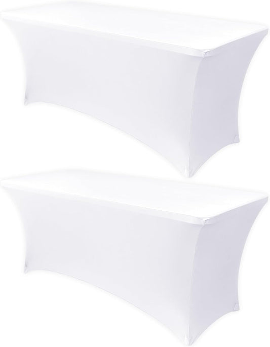 Obstal 6ft Stretch Spandex Table Cover - 2 Pack Universal Rectangular Fitted Tablecloth Protector for Wedding, Banquet and Party, White