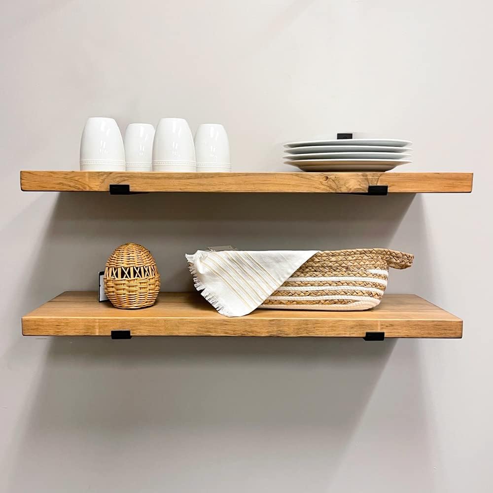 Rustic Shelves with J-Brackets Set of 2, Industrial Shelf, Kitchen Shelves, Solid Wood, Decorative Wall Storage, Heavy Duty, URBANDI (Brown, 36Wx12D)