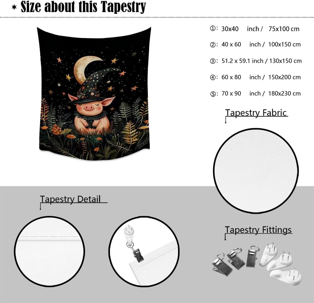 Whimsical Witch Pig Tapestry Wall Hanging Cute Farmhouse Animal Tapestry Aesthetic Moon and Stars Pictures Print Cottagecore Witchy Halloween Artwork Tapestries Decor for Living Room Bedroom 70x90inch