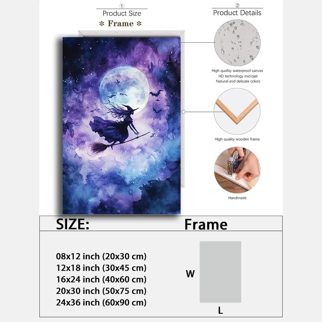 Witch On Broom Flying Wall Art,Gothic Halloween Canvas Wall Art,Victorian Witch Silhouette In Moonlight Broomstick Poster Pictures,Creepy Halloween Purple Night Sky Print,8"x12" Framed