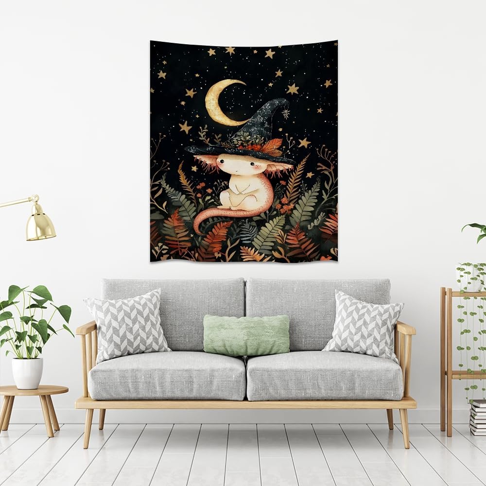 Whimsical Witch Tapestry Wall Hanging Decor Cute Axolotl Tapestry Magical Moon Animal Nursery Decoration Halloween Tapestries wall art for Home Kids Bedroom Living Room 40x60inch
