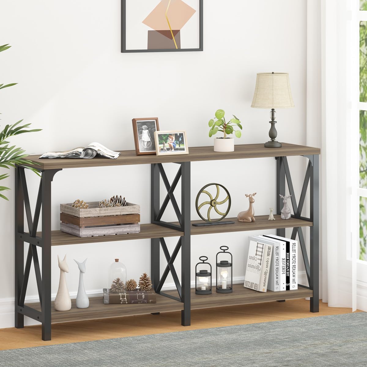 LVB Rustic Console Table, Wood Metal Entryway Table Behind Couch, Industrial Sofa Table with 3 Tier Storage Shelf, Modern Wooden Foyer Hallway Table for Entry Living Room Bedroom, Rustic Oak, 47 Inch