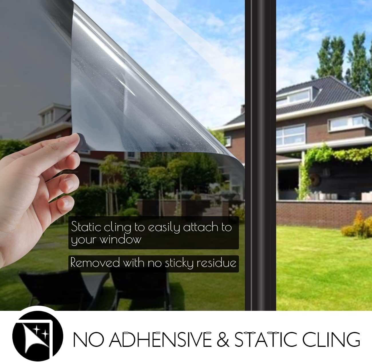 HIDBEA One Way Privacy Window Film, Daytime Mirror Reflective Heat Control UV Sun Blocking Non-Adhesive Static Cling Window Tint for Home and Office(Black-Silver, 45.2 Inch x 6.5 Feet)