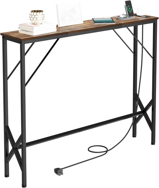 39.4" Console Table, Skinny Entryway Table with Fast-Charging Station, Narrow Long Sofa Table, Behind Slim Couch Table for Entrance, Hallway, Living Room Decor ST-BR100-1