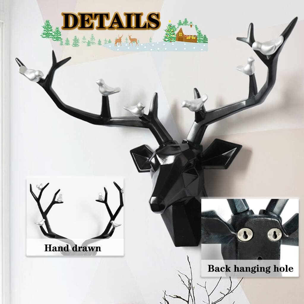 Deer Head Wall Decor Geometric Rustic Wall Mounted Deer Head, Faux Taxidermy Animal Head Wall Art Pendant, Handmade Resin Head Sculptures for Porch, Detachable Antlers, 6 Styles(Black,21.8x15.7IN)
