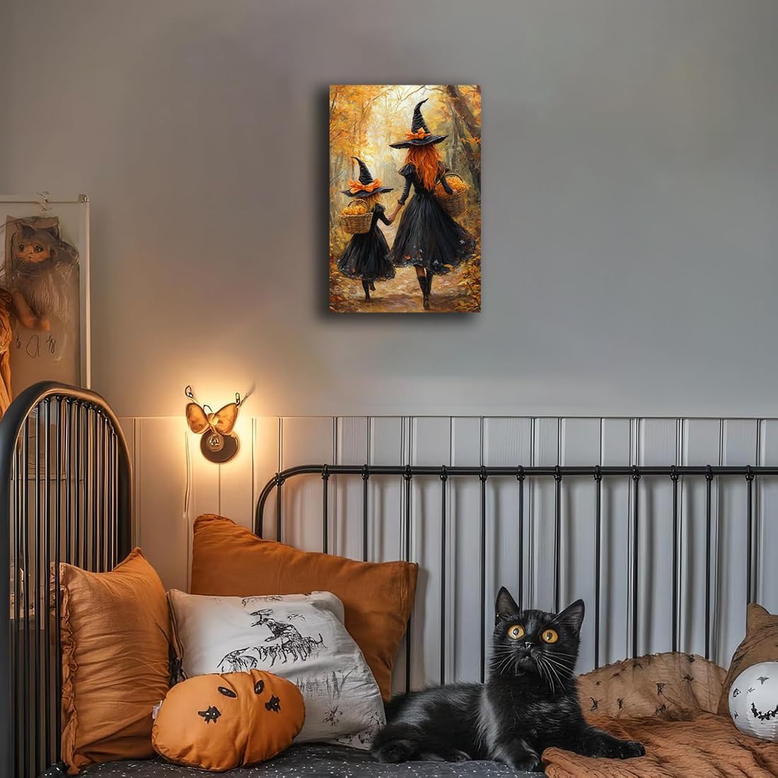 Mother Witch And Child Daughter Witch Wall Art,Halloween Autumn Woodland Forest Path Picture,Family Room Nursery Playroom Kids Room Decor,24"x36" Unframed