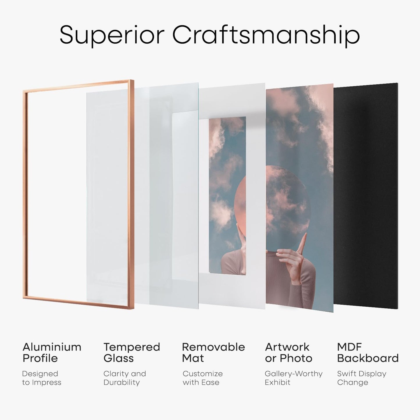 Homeforia Rose Gold Frame 8x8, High End Metal 8 x 8 Square Picture Frames with Mat 6 x 6 Art, 8x8 Photo Frame Matted to 6x6 inch Print, 8by8 Wall or Tabletop Frames, Tempered Glass, Wall Kit, Set of 1