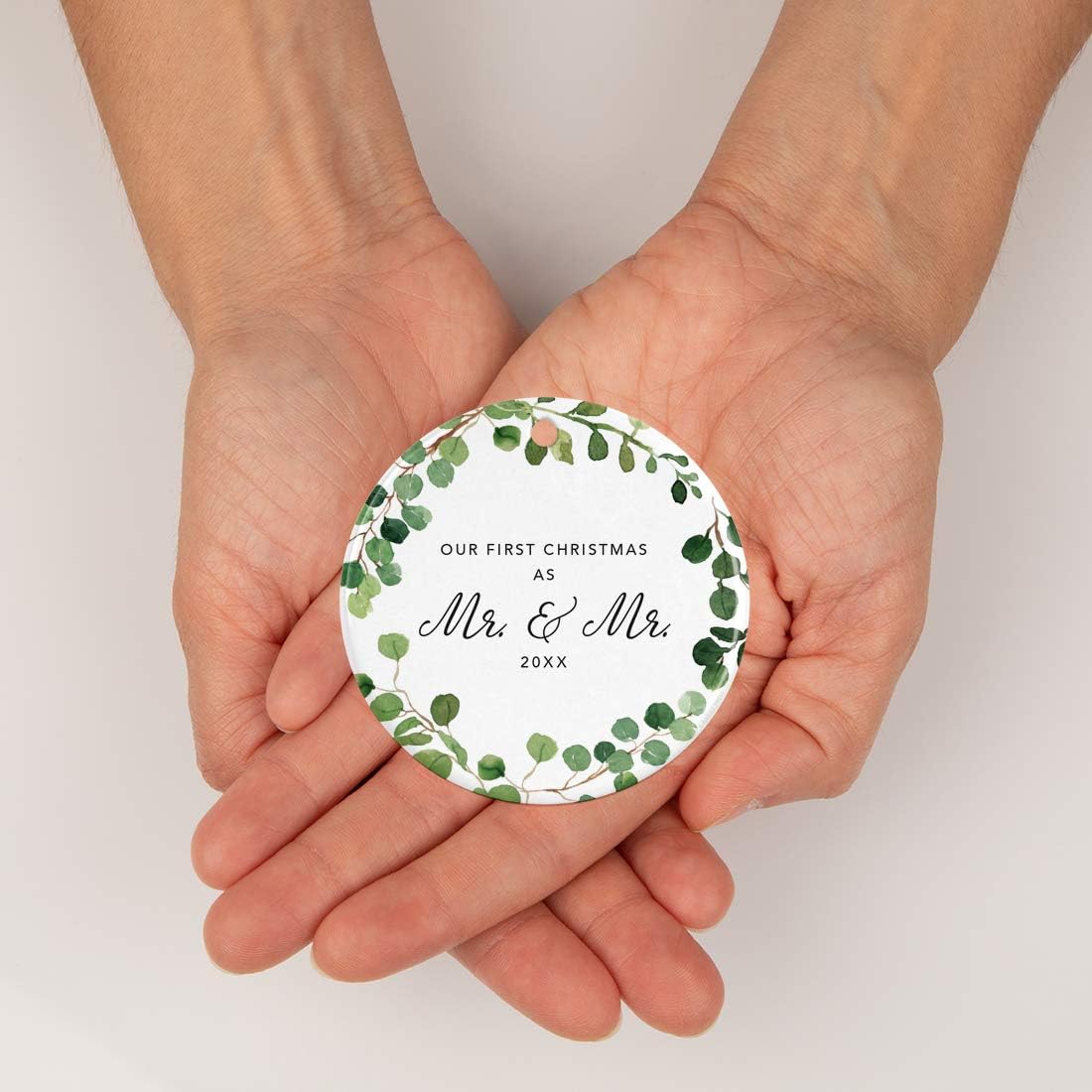 Andaz Press Custom Year Round Ceramic Porcelain Christmas Tree Ornament Keepsake Collectible Gift, Our First Christmas as Mr. & Mr. 2025, Farmhouse Eucalyptus Wreath, 1-PackGay Couple