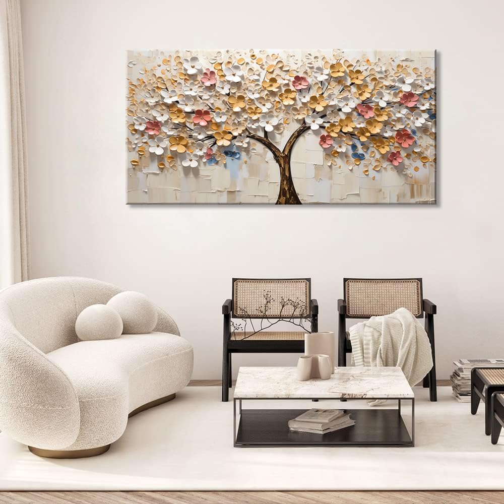 LASMOND White Spring Tree of Life Wall Art Office Decor Living Room Modern Painting Prints Pictures Abstract Floral Flower Nature Canvas Large Landscape Artwork (16x30 Inches)