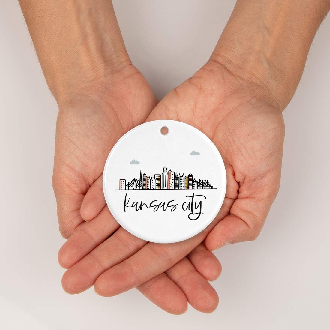 Andaz Press Round Ceramic Porcelain Christmas Tree Ornament, Colorful Kansas City Skyline 1-Pack, Birthday & for Family & Coworkers, Includes Box