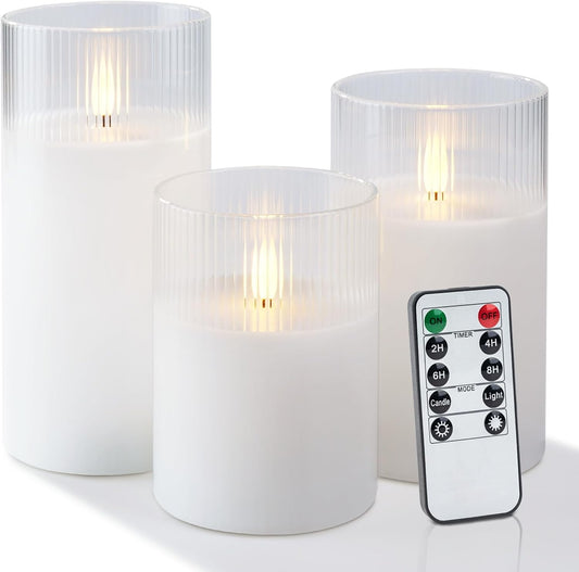 Amagic Glass Flameless Candles with Remote, Battery Operated Candles with Timer, Real Wax LED Pillar Candles with Flickering Flame for Home Wedding Fall Decor, White, Set of 3