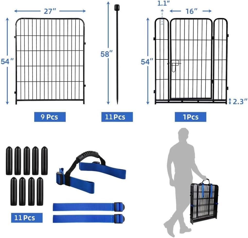 ADAVIN Tall Garden Fence 54 in(H)×22.1 Ft(L),10 Panels Dog Fence Outdoor for Yard, Heavy Duty Iron Metal Fence with Gate Low Threshold, No Dig Fences Panels, Animal Barrier Fences, Black