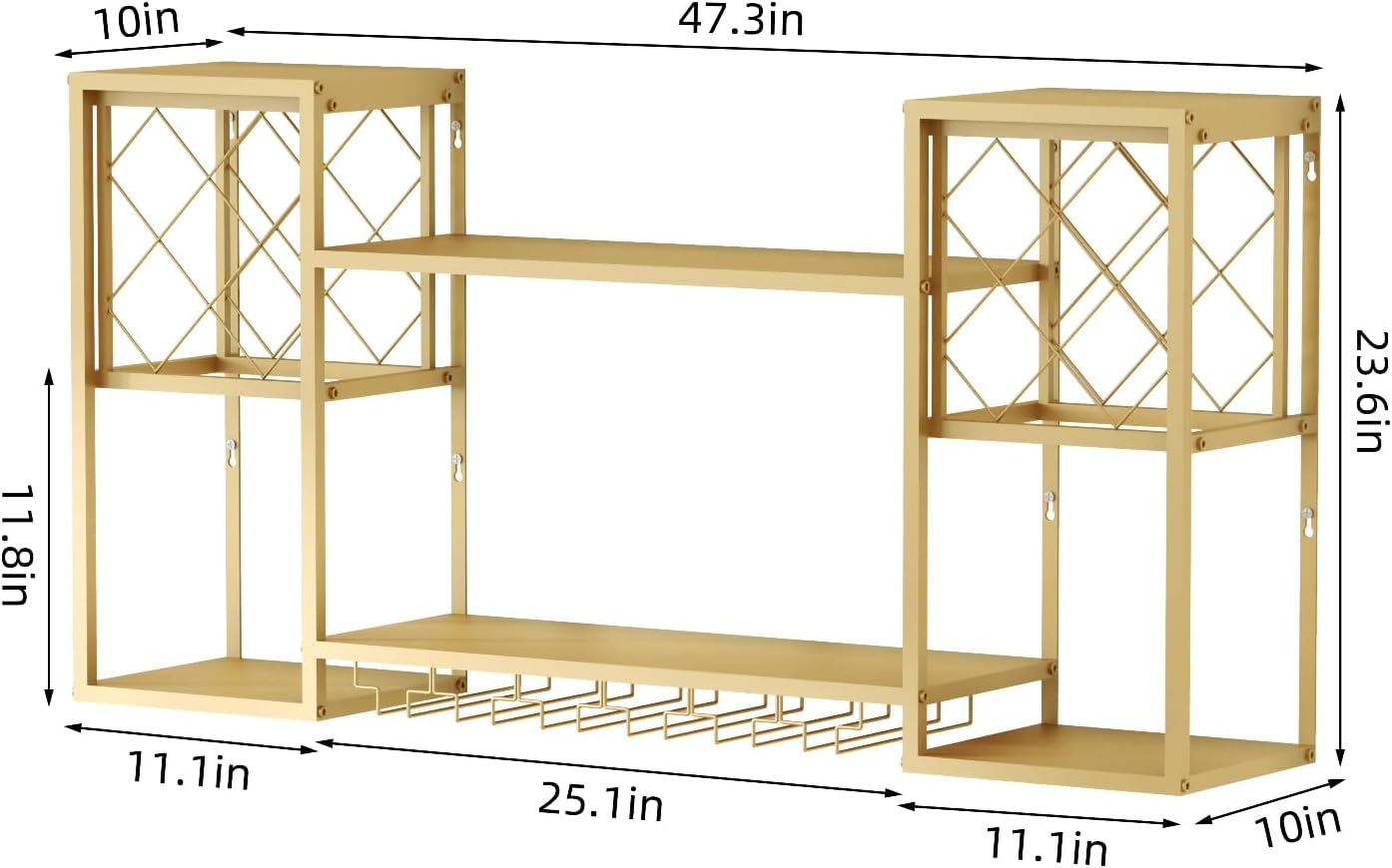 Wall Mounted Wine Rack with Glass Holder,Metal Floating Bar Liquor Shelves 2 Tier,Wine Glass Rack Multi Functional Wine Storage Display Rack for Home Bar Dining Room Kitchen,Gold