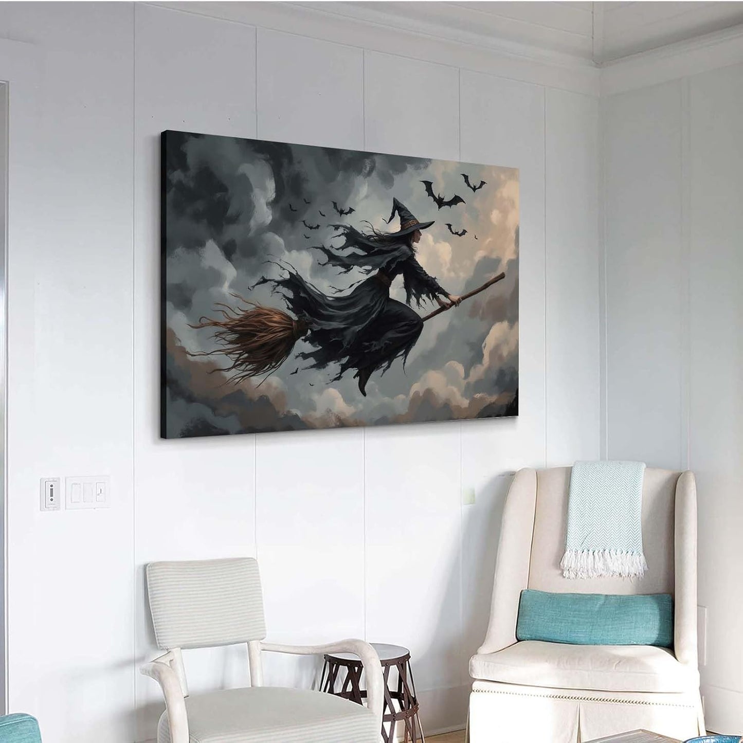 JFHCQJPK Witch and bat flying Halloween poster suitable for home party wall decoration retro Halloween preppy style wall art canvas print suitable for room decoration20x30in Frameless