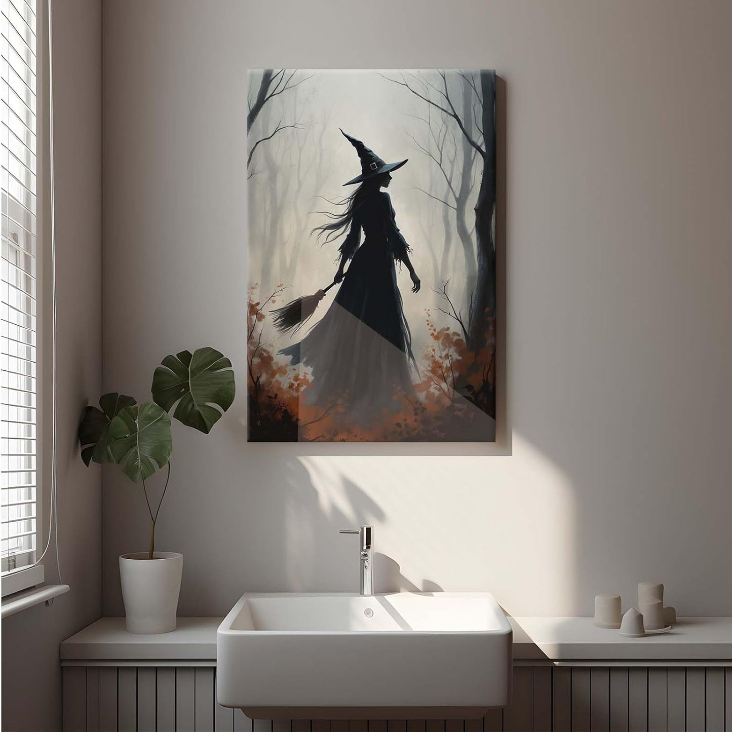 Vintage forest witch silhouette poster Halloween mural poster decoration mural art magic suitable for home living room bedroom8x12in Wood Framed